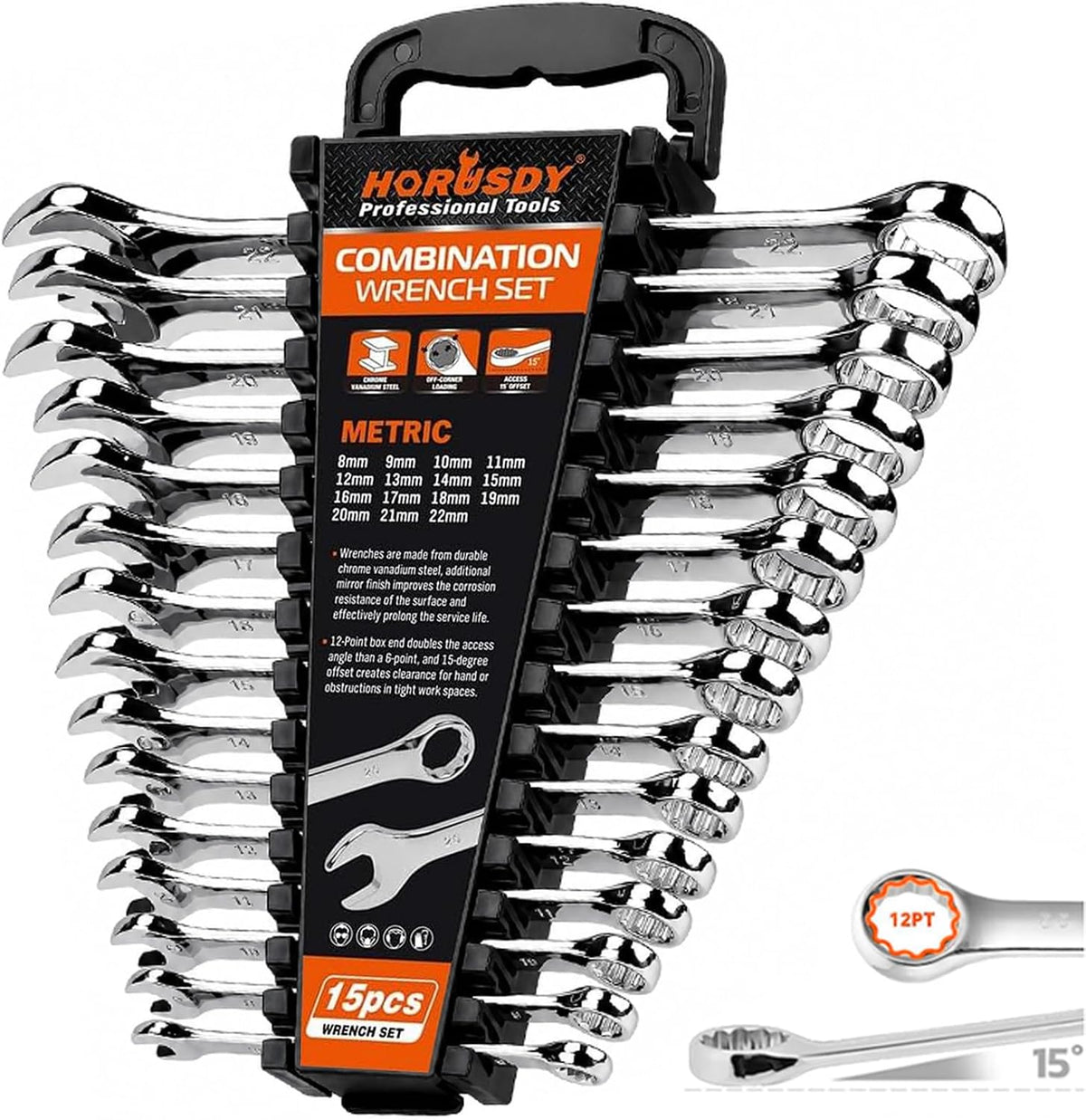 15-Piece Metric Combination Spanner Set, CRV Silver, Chrome Vanadium Steel, Heat Treated, Nickel Chrome Plated, Sizes 8-22mm