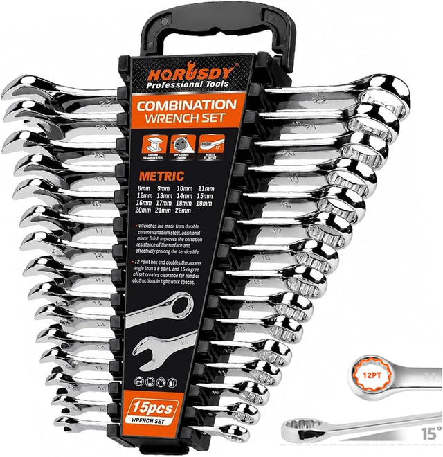 15-Piece Metric Combination Spanner Set, CRV Silver, Chrome Vanadium Steel, Heat Treated, Nickel Chrome Plated, Sizes 8-22mm