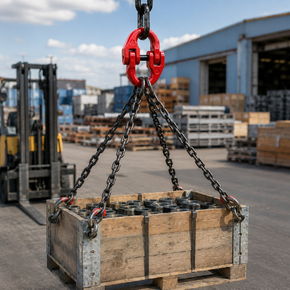 G80 hammerlock coupling link with red powder-coated finish for connecting Grade 80 lifting chains, rigging and hoisting assemblies