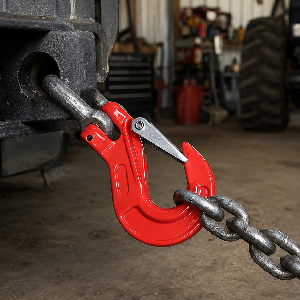 heavy-duty clevis slip hook with safety latch, cotter pin and red powder-coated finish for lifting, towing, recovery and rigging applications