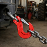 heavy-duty clevis slip hook with safety latch, cotter pin and red powder-coated finish for lifting, towing, recovery and rigging applications