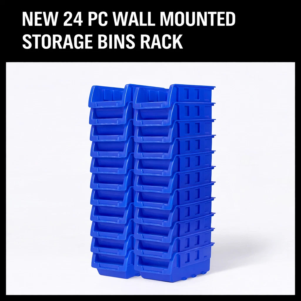 Robust Wall Mounted Bins Rack featuring 8 orange stackable plastic storage trays and 3 plastic racking, ideal for organizing small parts, tools, fishing tackle, and craft supplies. Designed to mount easily on pegboard, slot wall, or wooden studs, offering a versatile and space-saving solution for any workshop, garage, or hobby room