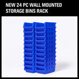 Robust Wall Mounted Bins Rack featuring 8 orange stackable plastic storage trays and 3 plastic racking, ideal for organizing small parts, tools, fishing tackle, and craft supplies. Designed to mount easily on pegboard, slot wall, or wooden studs, offering a versatile and space-saving solution for any workshop, garage, or hobby room