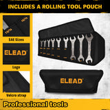 19-piece super-thin open end wrench set with 3mm slim profile, SAE and metric sizes, chrome vanadium steel construction, four-point open ends, and rolling tool pouch