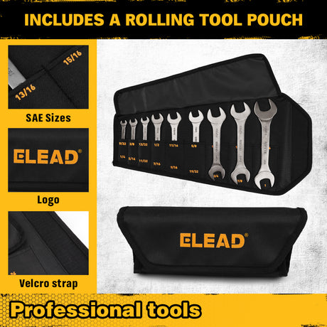 19-piece super-thin open end wrench set with 3mm slim profile, SAE and metric sizes, chrome vanadium steel construction, four-point open ends, and rolling tool pouch