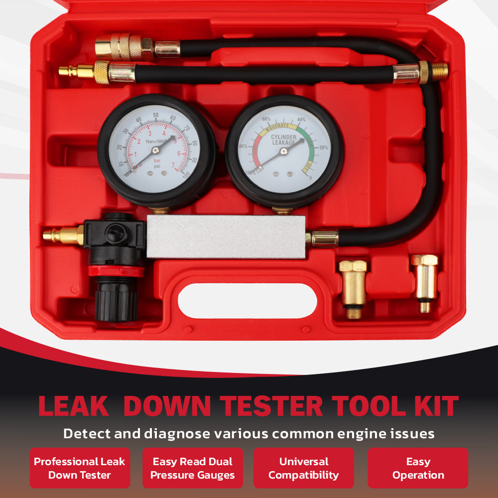 cylinder leak down tester kit dual gauge engine compression tester air powered automotive diagnostic tool with hose adapters 10mm 12mm 14mm for car motorcycle engine testing