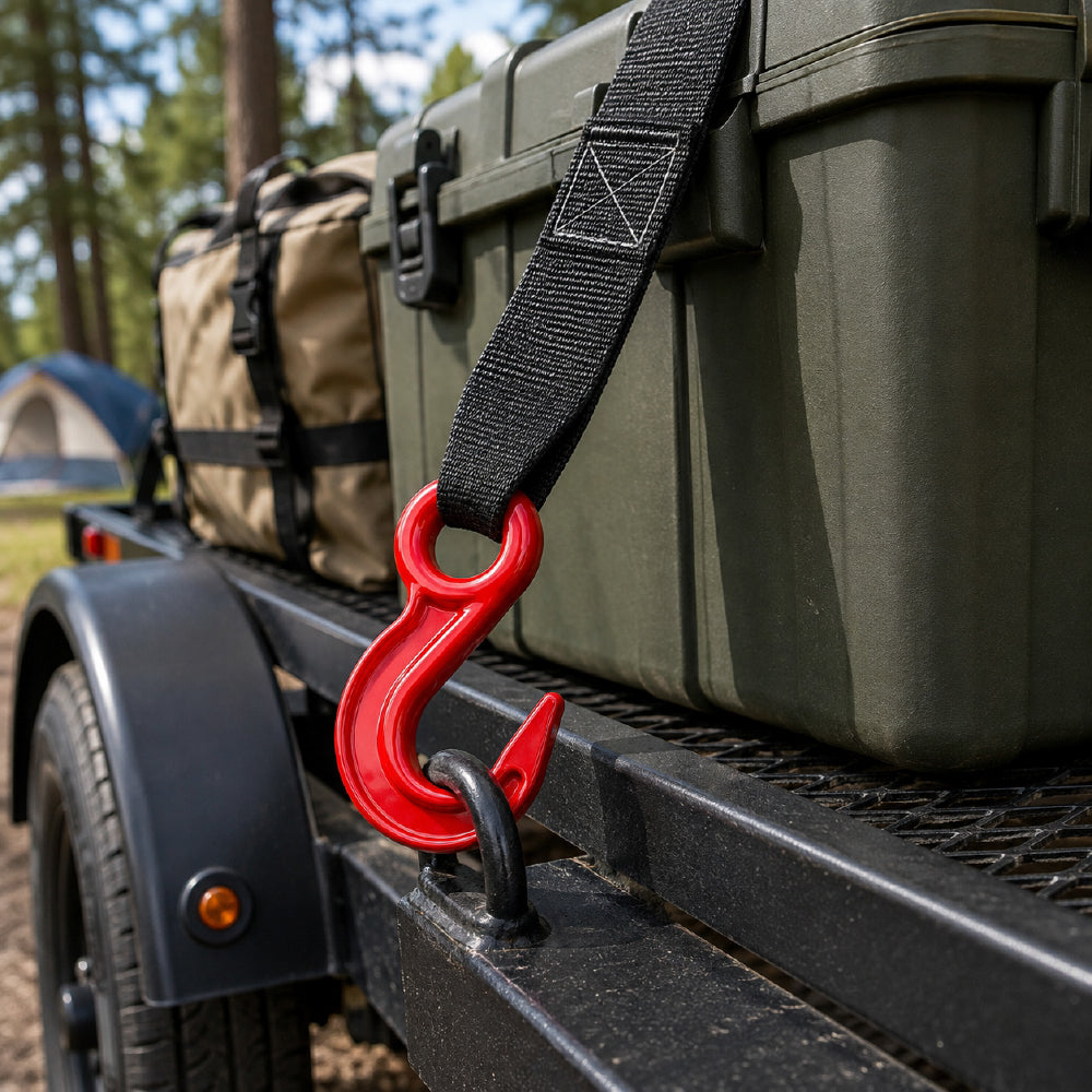 large opening eye hook with heavy-duty powder-coated finish for rigging, lifting, cargo securement and material handling