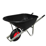 100 litre heavy-duty builders wheelbarrow with black tray, red steel wheel, and galvanised frame, ideal for garden, construction, and utility use
