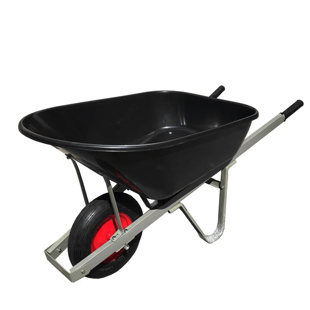 100 litre heavy-duty builders wheelbarrow with black tray, red steel wheel, and galvanised frame, ideal for garden, construction, and utility use