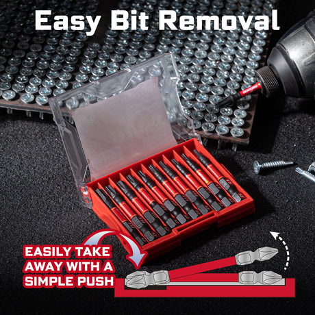 10-piece 2-inch Torx impact bit set with T7, T8, T9, T10, T15, T20, T25, T27, T30 and T40 magnetic S2 steel power bits, torsion zones and compact storage case.