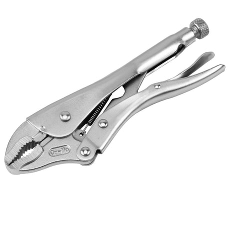 Curved jaw locking pliers in 5 inch and 10 inch options with drop forged CR-MO steel construction, adjustable tension screw, serrated jaws and quick release handle for clamping, gripping, tightening and holding metal, wood, pipe and workshop materials