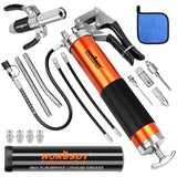 18-piece pistol grip grease gun kit with 8000 PSI pressure, flexible hose, lock coupler and multiple grease fittings