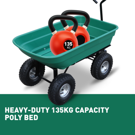Sedy poly dump cart with a 135kg load capacity, featuring a heavy-duty frame, large pneumatic tyres, and easy tipping mechanism for garden and yard work.