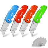4Pc Folding Utility Knife Set | Quick-Change Box Cutter with 10 Extra Blades | Includes Storage Bag