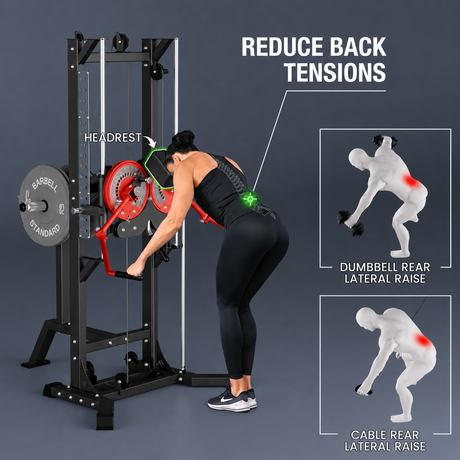 plate loaded lateral raise machine with adjustable arms, headrest, pulley system and steel frame for home gym shoulder training
