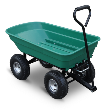 Sedy poly dump cart with a 135kg load capacity, featuring a heavy-duty frame, large pneumatic tyres, and easy tipping mechanism for garden and yard work.