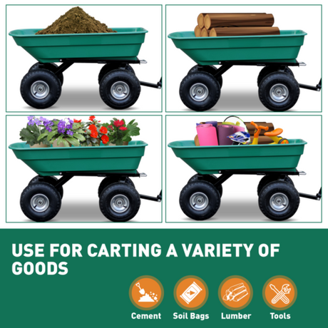 Sedy poly dump cart with a 135kg load capacity, featuring a heavy-duty frame, large pneumatic tyres, and easy tipping mechanism for garden and yard work.