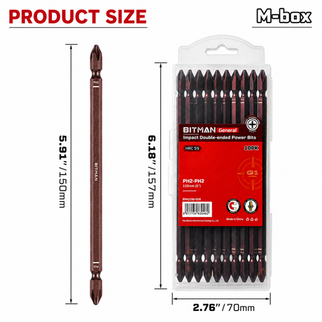 PH2 double-ended impact screwdriver bit set with S2 steel magnetic power bits, torsion zone design, available in 65mm, 90mm and 150mm lengths for impact drivers and drills