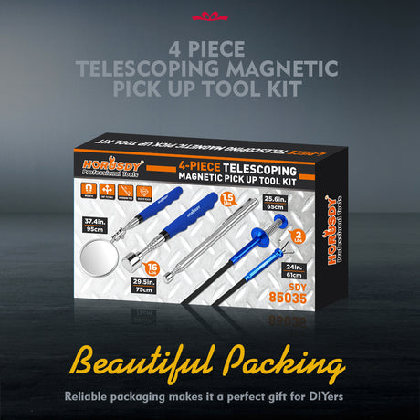 4-piece telescoping magnetic pickup tool kit with inspection mirror, flexible grabber and strong magnets