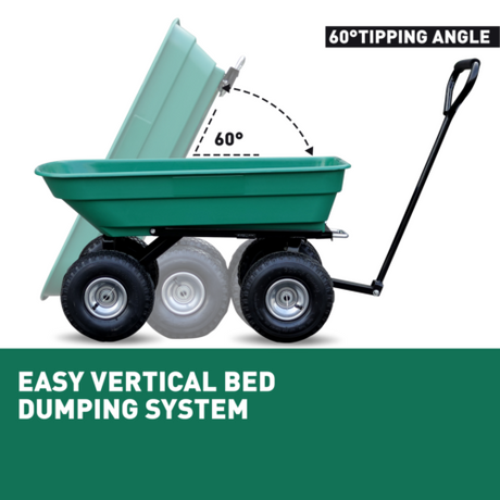 Sedy poly dump cart with a 135kg load capacity, featuring a heavy-duty frame, large pneumatic tyres, and easy tipping mechanism for garden and yard work.