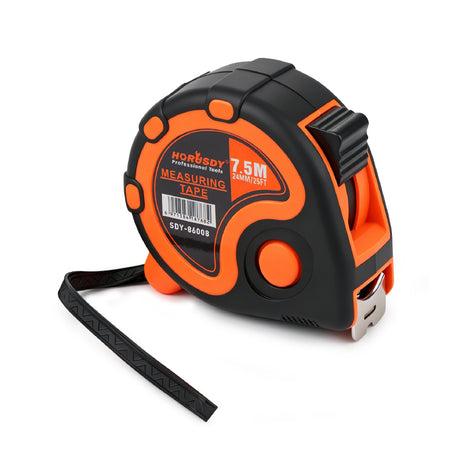 25FT 7.5M self-locking measuring tape with dual scale, belt clip, wrist strap, carbon steel blade and ABS rubber case