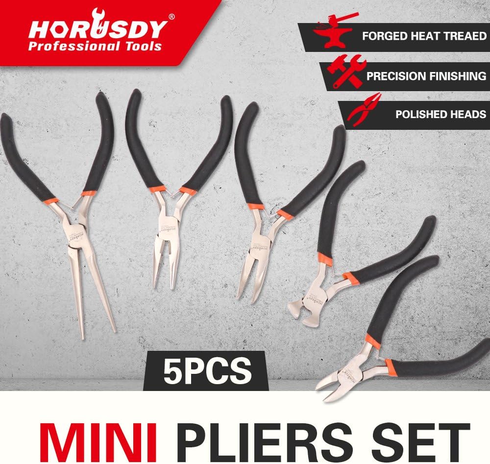 HORUSDY 5PCS mini pliers set including long nose pliers, bent nose pliers, flat nose pliers and end cutting pliers for jewelry making electronics repair DIY precision work