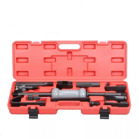 13-piece heavy-duty dent puller kit with slide hammer, durable chrome-vanadium steel construction, and blow-molded case for easy auto body repair.