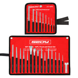 25-piece roll pin punch and punch and chisel set with CR-V steel tools, angle gauge, roll-up storage pouches and gift box