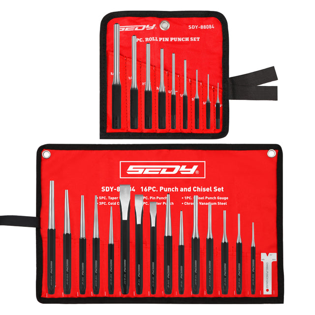 25-piece roll pin punch and punch and chisel set with CR-V steel tools, angle gauge, roll-up storage pouches and gift box