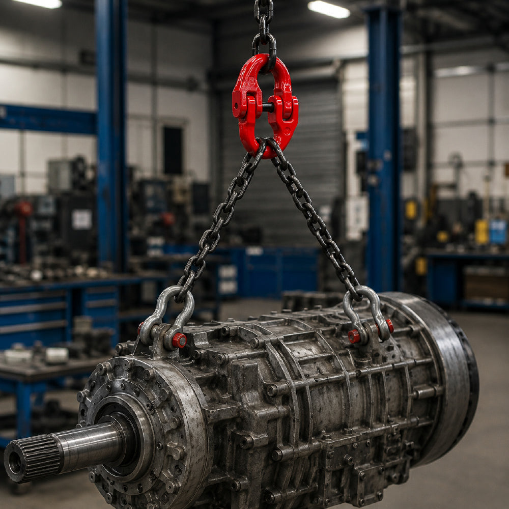G80 hammerlock coupling link with red powder-coated finish for connecting Grade 80 lifting chains, rigging and hoisting assemblies