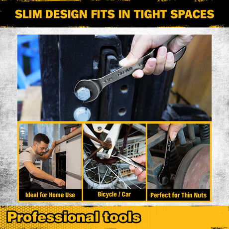 19-piece super-thin open end wrench set with 3mm slim profile, SAE and metric sizes, chrome vanadium steel construction, four-point open ends, and rolling tool pouch