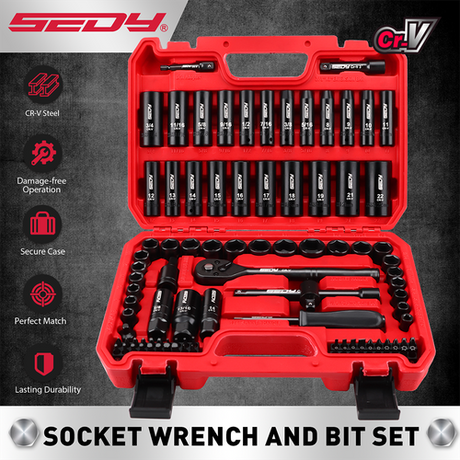 SEDY 96-piece 3/8-inch drive impact socket set with SAE & metric sizes, screwdriver bits, extension bar, and universal joint in case