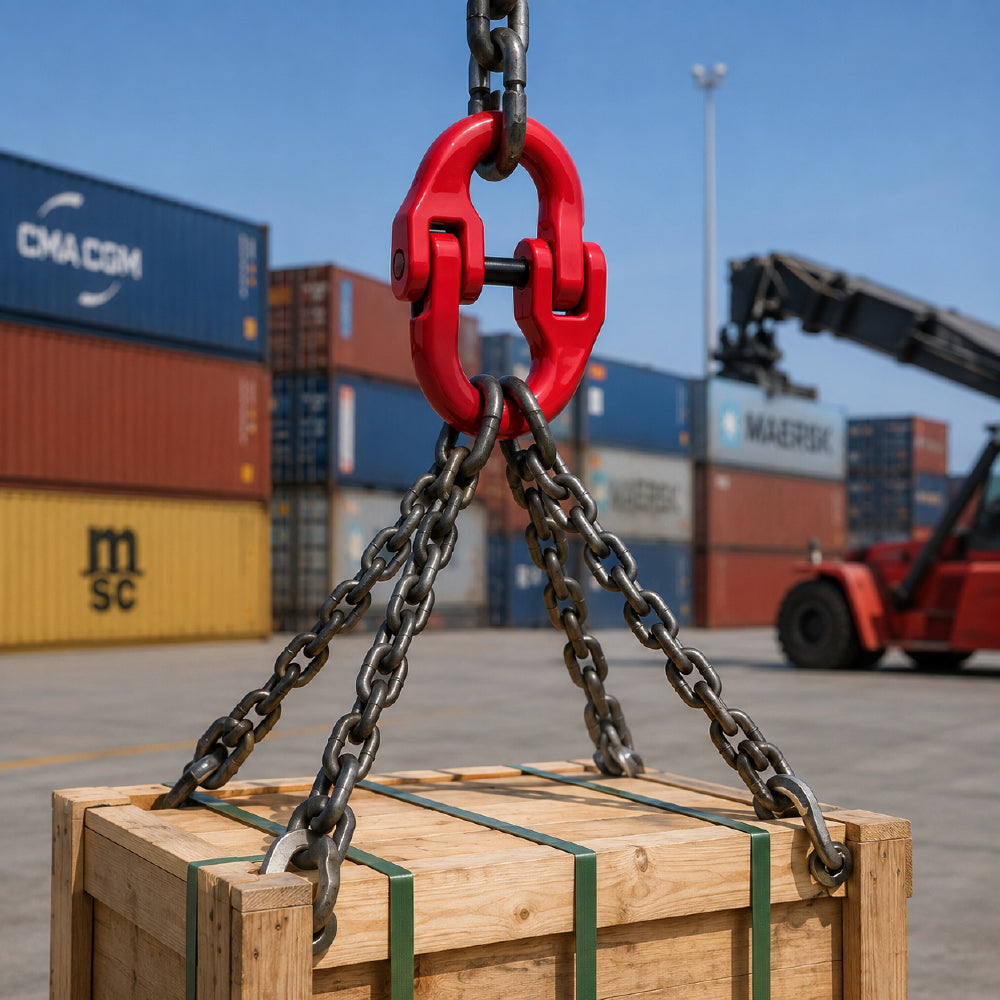 G80 hammerlock coupling link with red powder-coated finish for connecting Grade 80 lifting chains, rigging and hoisting assemblies