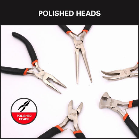 HORUSDY 5PCS mini pliers set including long nose pliers, bent nose pliers, flat nose pliers and end cutting pliers for jewelry making electronics repair DIY precision work