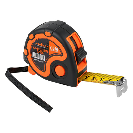 25FT 7.5M self-locking measuring tape with dual scale, belt clip, wrist strap, carbon steel blade and ABS rubber case