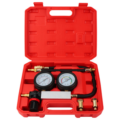 cylinder leak down tester kit dual gauge engine compression tester air powered automotive diagnostic tool with hose adapters 10mm 12mm 14mm for car motorcycle engine testing