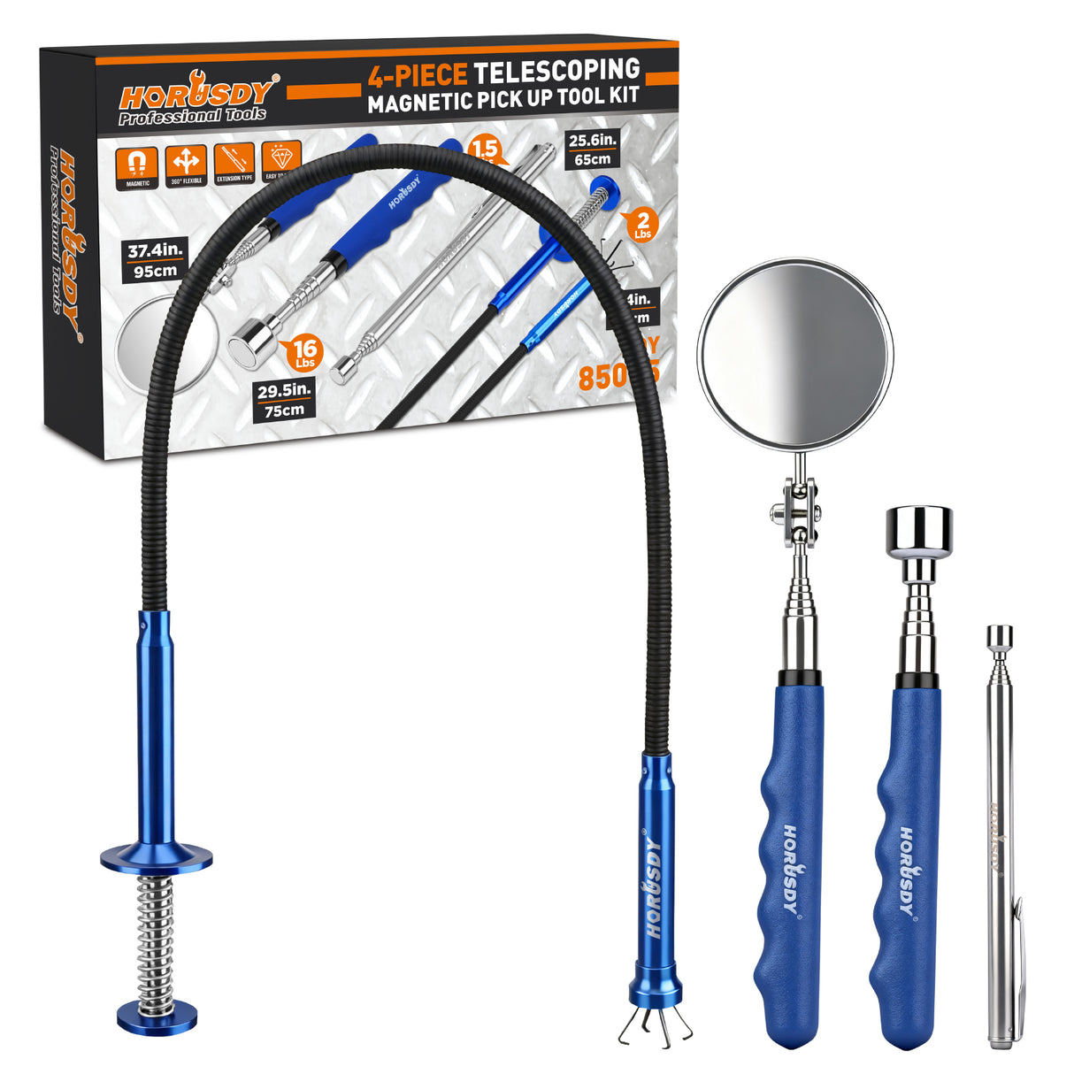 4-piece telescoping magnetic pickup tool kit with inspection mirror, flexible grabber and strong magnets