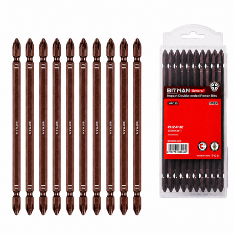PH2 double-ended impact screwdriver bit set with S2 steel magnetic power bits, torsion zone design, available in 65mm, 90mm and 150mm lengths for impact drivers and drills
