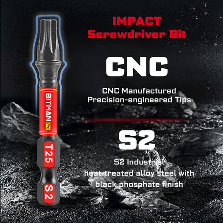 10-piece 2-inch Torx impact bit set with T7, T8, T9, T10, T15, T20, T25, T27, T30 and T40 magnetic S2 steel power bits, torsion zones and compact storage case.