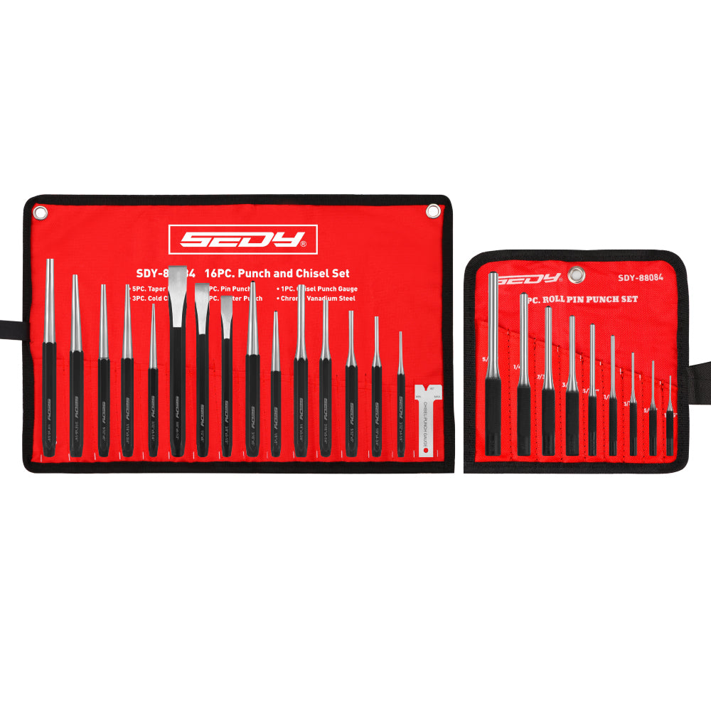 25-piece roll pin punch and punch and chisel set with CR-V steel tools, angle gauge, roll-up storage pouches and gift box