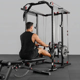 multi-function power cage power rack with cable crossover, lat pulldown, low row station and gym attachments for home strength training