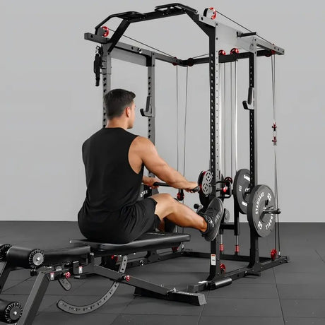 multi-function power cage power rack with cable crossover, lat pulldown, low row station and gym attachments for home strength training