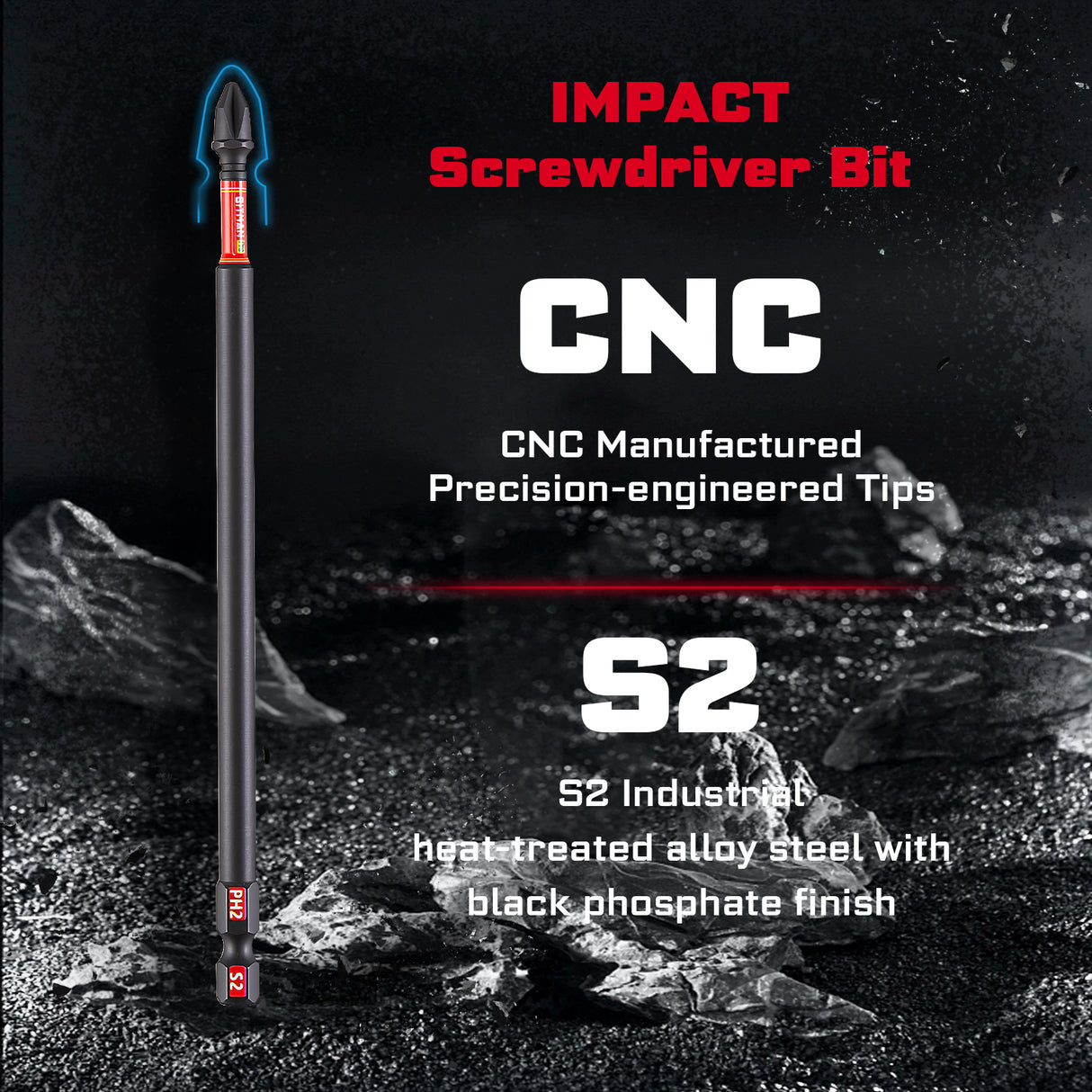 10-piece 6-inch PH2 impact power bit set made from heat-treated S2 alloy steel with magnetic CNC-machined tips, extended torsion zones and a storage case for impact drivers, drills, woodworking and repair tasks.