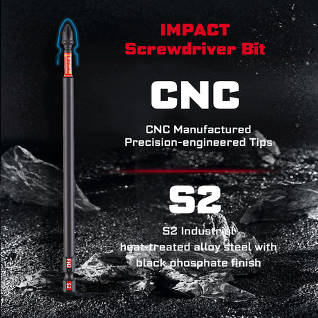 10-piece 6-inch PH2 impact power bit set made from heat-treated S2 alloy steel with magnetic CNC-machined tips, extended torsion zones and a storage case for impact drivers, drills, woodworking and repair tasks.