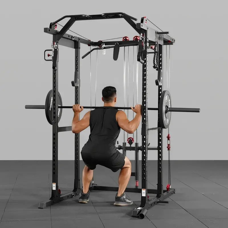 multi-function power cage power rack with cable crossover, lat pulldown, low row station and gym attachments for home strength training