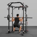 multi-function power cage power rack with cable crossover, lat pulldown, low row station and gym attachments for home strength training