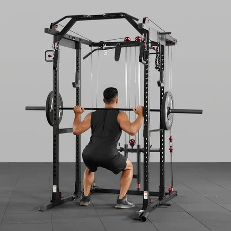 multi-function power cage power rack with cable crossover, lat pulldown, low row station and gym attachments for home strength training