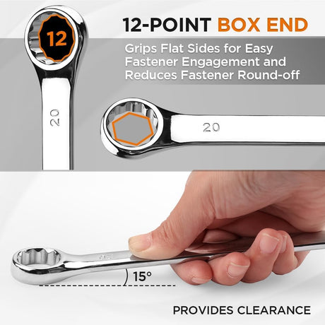 15-Piece Metric Combination Spanner Set, CRV Silver, Chrome Vanadium Steel, Heat Treated, Nickel Chrome Plated, Sizes 8-22mm