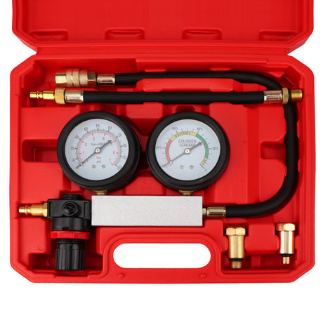 cylinder leak down tester kit dual gauge engine compression tester air powered automotive diagnostic tool with hose adapters 10mm 12mm 14mm for car motorcycle engine testing