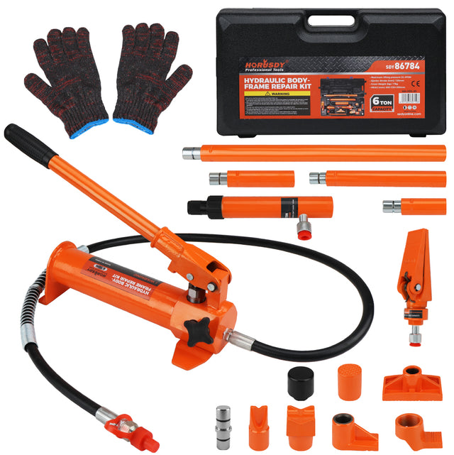 6 ton hydraulic porta power kit 16 piece auto body frame repair tool set with pump extension tubes spreader and carrying case